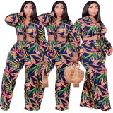 Plus Size Women Turndown Collar Print Lace-Up Long Sleeve Top and Wide Leg Pants Two Piece