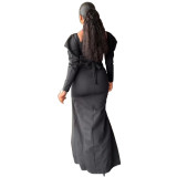 Women Sexy Solid Color Off-Shoulder Slit Dress Long Dress With Belt