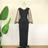 Women v-Neck See-Through Beaded Puff Sleeve Round Sequin Dress