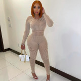 Women Sexy Long Sleeve Cutout See-Through Ripped Jumpsuit