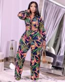 Plus Size Women Turndown Collar Print Lace-Up Long Sleeve Top and Wide Leg Pants Two Piece