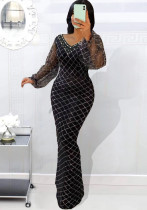 Women v-Neck See-Through Beaded Puff Sleeve Round Sequin Dress
