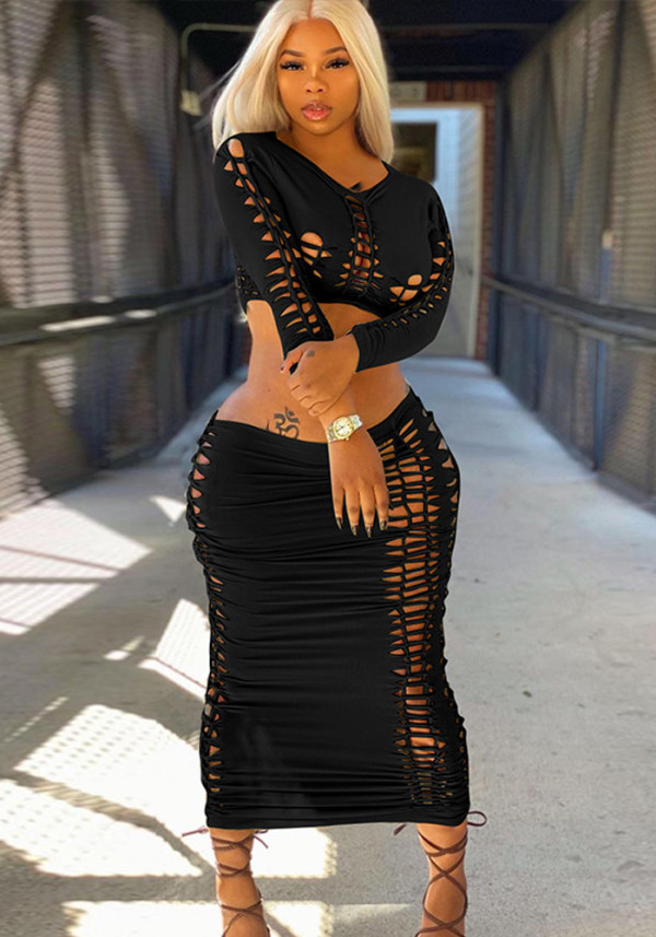 Women Fall Sexy Cutout Long Sleeve Top and Skirt Two Piece Set