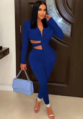 Women Fall Cut Out Lace-Up Blazer and Pant Two Piece Set