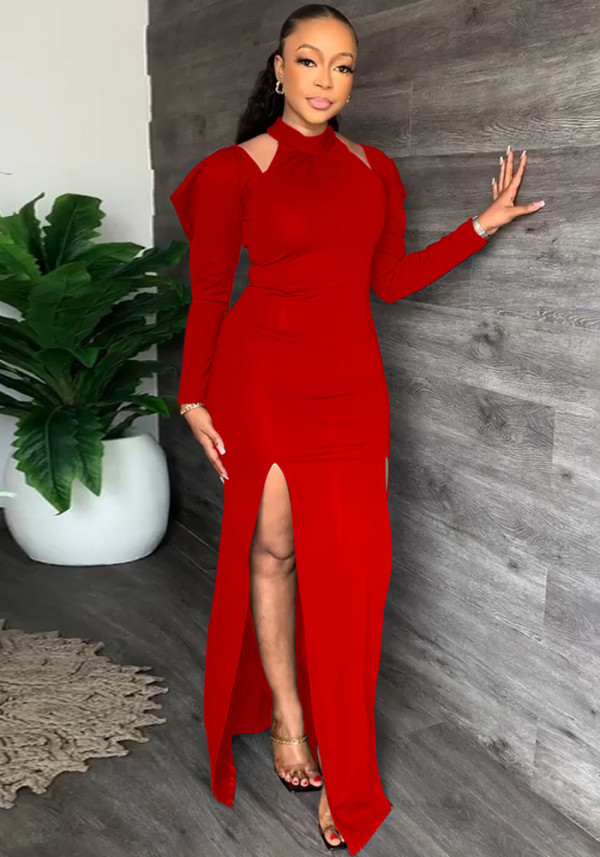 Women Sexy Solid Color Off-Shoulder Slit Dress Long Dress With Belt