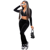 Womenvelvet Long Sleeve Hooded Top and Stacked Pant Casual Two Piece Set