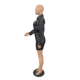 Women Turndown Collar Corset pu Leather Long Sleeve Bodycon Dress