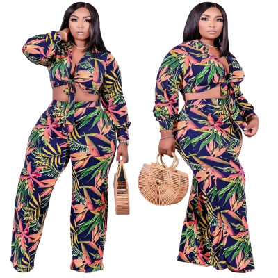 Plus Size Women Turndown Collar Print Lace-Up Long Sleeve Top and Wide Leg Pants Two Piece