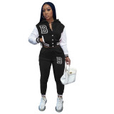 WomenCasual Embroidered Contrast Baseball Jersey with Cap and Pant Two Piece