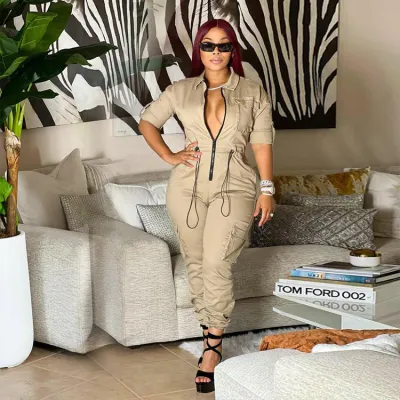 Women Fall Long Sleeve Zip Cargos Jumpsuit
