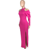 Women Sexy Solid Color Off-Shoulder Slit Dress Long Dress With Belt