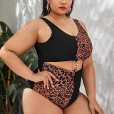 Bikini Leopard Print Patchwork Contrast Cutout Plus Size One Piece Swimsuit