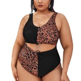 Bikini Leopard Print Patchwork Contrast Cutout Plus Size One Piece Swimsuit