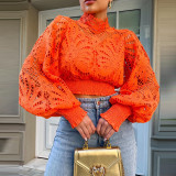 Orange Lace Cutout High Neck Puff Sleeve Fashion Top