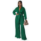 Fall Women'S Long Sleeve V-Neck Tie Top Pleated Wide Leg Pants Two Piece Set