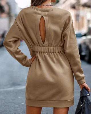 Women'S Solid Color Round Neck Back Cutout Long Sleeve Loose Sweatshirt Dress