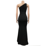 Women'S Fashion Slash Shoulder Sleeveless Solid Pleated Maxi Dress