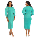 Women'S Round Neck Solid Long Sleeve Pleated Midi Dress
