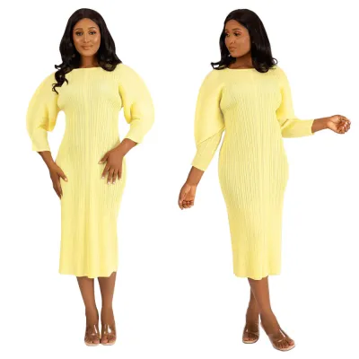 Women'S Round Neck Solid Long Sleeve Pleated Midi Dress