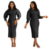 Women'S Round Neck Solid Long Sleeve Pleated Midi Dress