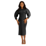Women'S Round Neck Solid Long Sleeve Pleated Midi Dress