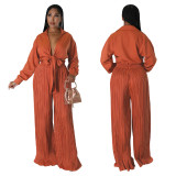 Fall Women'S Long Sleeve V-Neck Tie Top Pleated Wide Leg Pants Two Piece Set