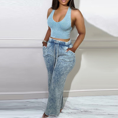 Women'S Light Blue Distressed Washed Jogging Wide Leg Elastic Trousers