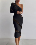 Women'S Slash Shoulder Long Sleeve Lace Patchwork Tight Fitting Midi Bodycon Dress