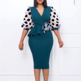 Plus Size Women'S Fashion Dot Mesh Patchwork V Neck Chic Career Bodycon Dress