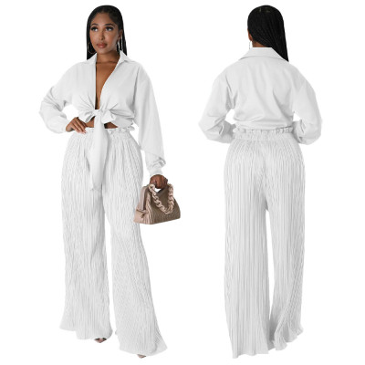 Fall Women'S Long Sleeve V-Neck Tie Top Pleated Wide Leg Pants Two Piece Set