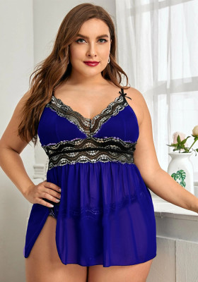 Plus Size sexy Slit lace strap nightdress erotic lingerie
