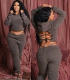 Plus Size Women Sherpa Backless Hood Top and Pant Two Piece Set