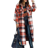 Women autumn and winter long sleeve loose button plaid coat