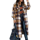 Women autumn and winter long sleeve loose button plaid coat