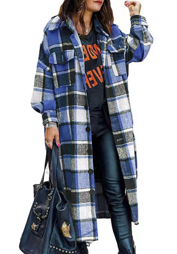 Women autumn and winter long sleeve loose button plaid coat