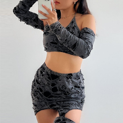 Women Ripped Halter Neck Tie Crop Top and Skirt Two-Piece