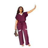 Women Solid Summer Casual Short Sleeve Top and Pant Two Piece Set