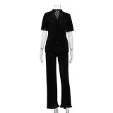 Women Summer French Short Sleeve Shirt And Pleated Wide Leg Pants Two Piece Set