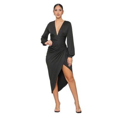 Women Sexy Long Sleeve V-Neck Irregular Slim Dress
