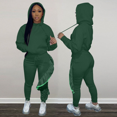 WomenLong Sleeve Hoodies and Ruffles Patched Pant Two Piece Set