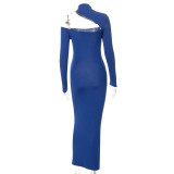 Women's Fall Winter Round Neck Off Shoulder Tight Fitting Solid Bodycon Long Sleeve Dress Women
