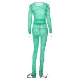 Women's Fall/Winter See-Through Long Sleeve Round Neck Top Tight Fitting Pants Casual Set