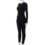 Women's Autumn/Winter Solid Color Reverse Zip Tight Fitting Long Sleeve Jumpsuit