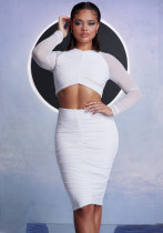Nightclub outfit sexy mesh long sleeve Round Neck skirt suit women