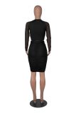 Nightclub outfit sexy mesh long sleeve Round Neck skirt suit women