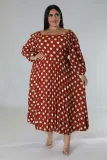 Fall Plus Size Women'S Polka Dot Print Pleated Casual Long Sleeve Midi Dress
