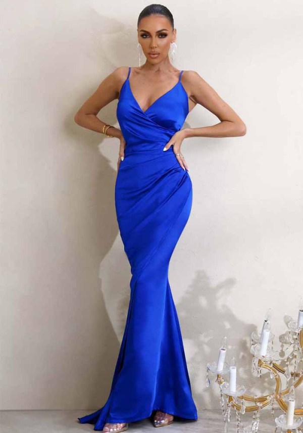 Women'S Sexy Satinv V-Neck Low Back Strap Slim Fitted Long Dress