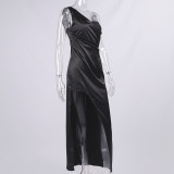 Women'S Sexy Slash Shoulder Satin Sequin Slit Evening Dress