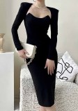 Women'S Autumn Chic Casual Solid Long Sleeve Shoulder Pad French Slim Waist Midi Dress