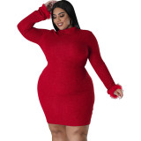 Plus Size Women'S Long Sleeve Round Neck Fur Long Sleeve Backless Bodycon Dress